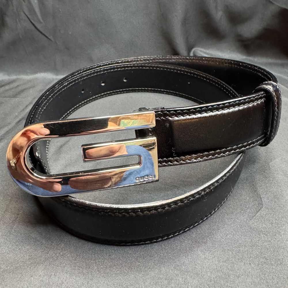 Gucci Silver-Toned G Buckle With Black Leather Belt Size 95|38 Unisex